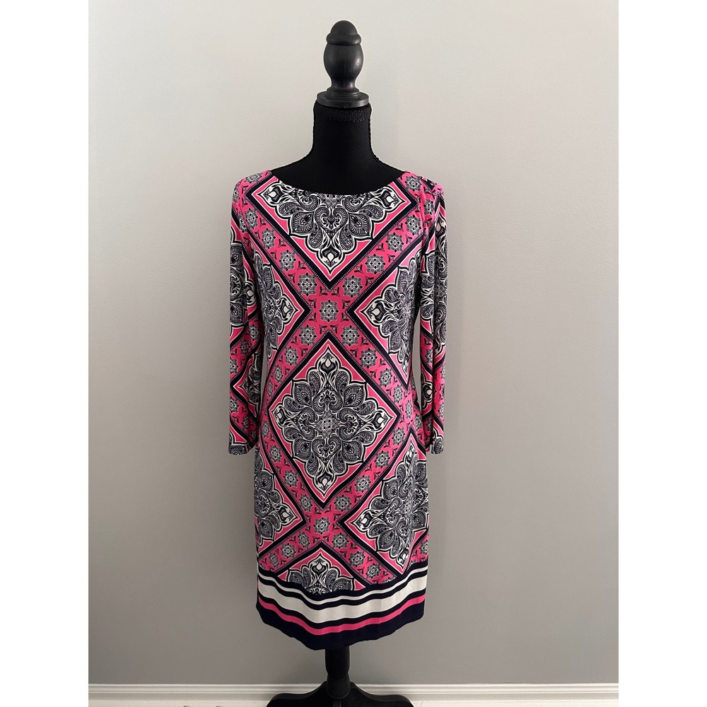 Vince Camuto Pink Navy Geometric Medallion Sheath Dress 8 3/4 Sleeve Boat Neck